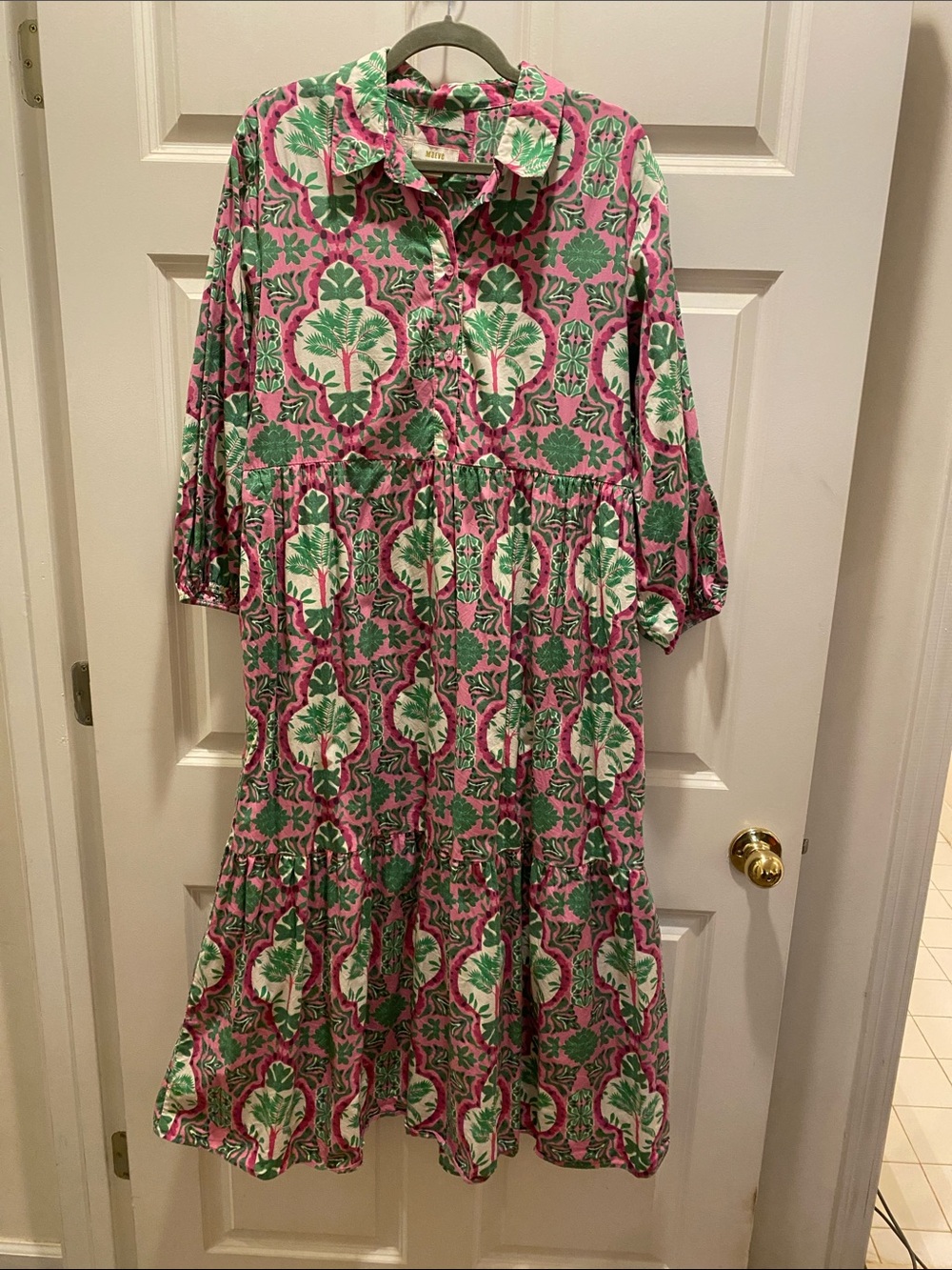 Anthropologie Pink and Green Patterned Tiered Midi Dress